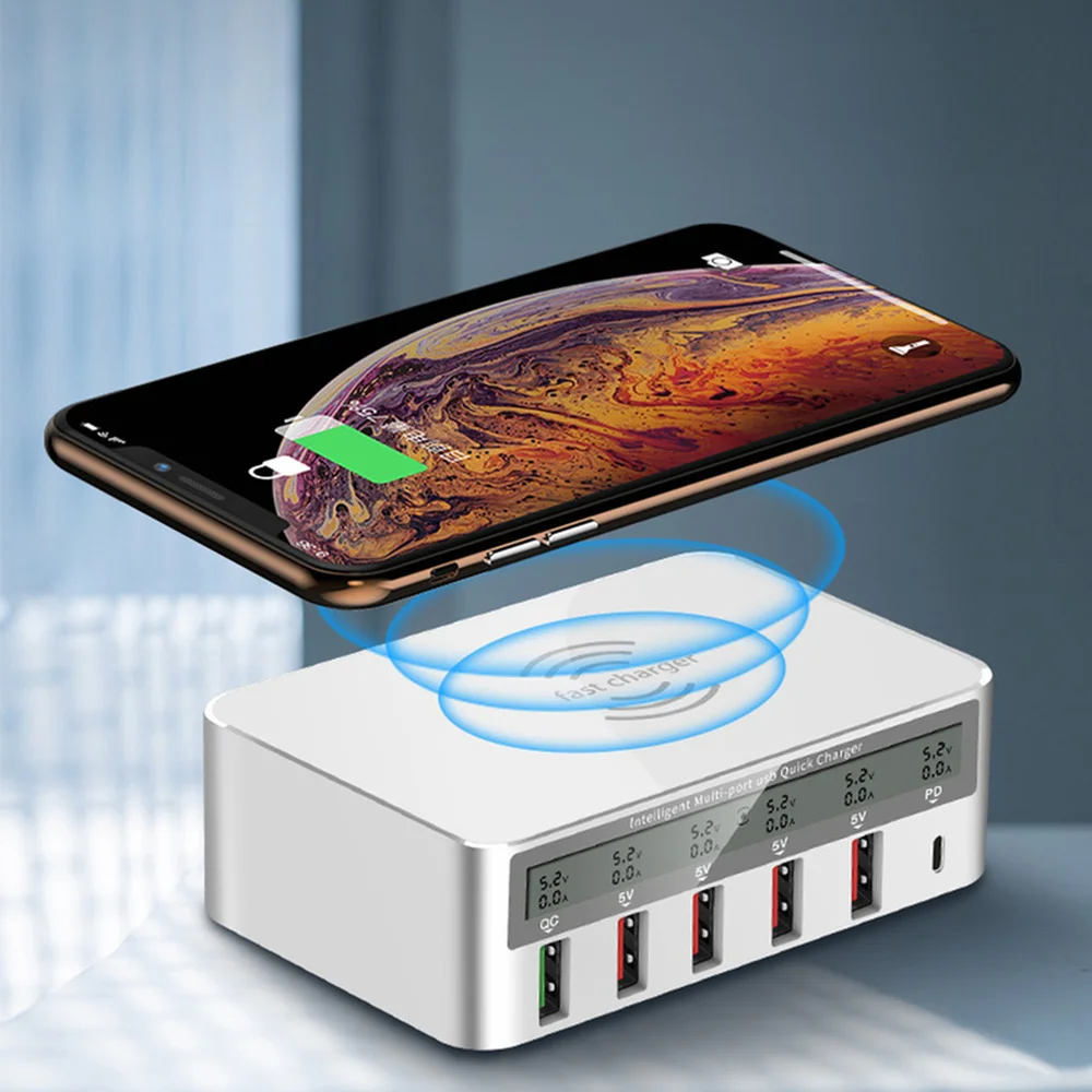 Qi Беспроводное зарядное устройство USB 40 Вт Светодиодный дисплей Быстрая зарядка 3