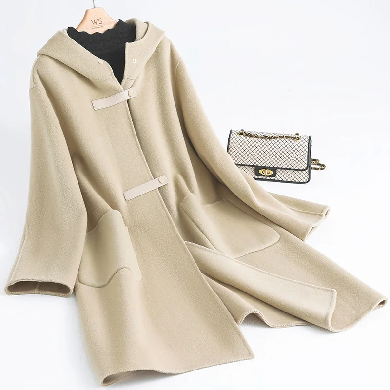 

Off season double-sided cashmere coat women's long Hepburn hooded woolen coat in the spring and autumn of 2021