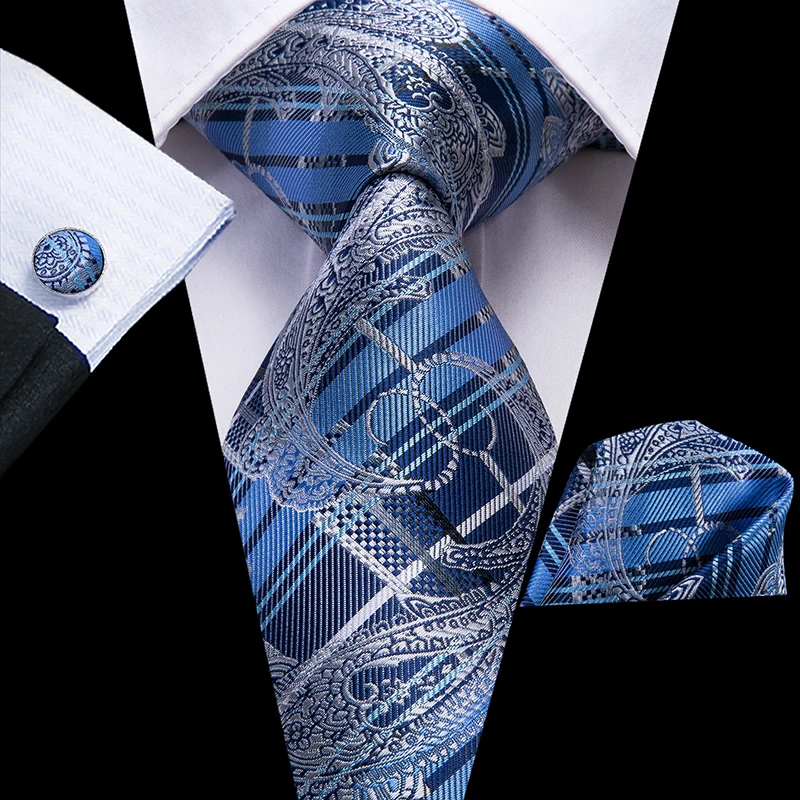 Men Blue Ties Plaid Silk Woven Necktie Checked Neck Tie Hanky Cufflinks Set Ties Gift for Wedding Party Business Hi-Tie C-3525 - Color: C-3261