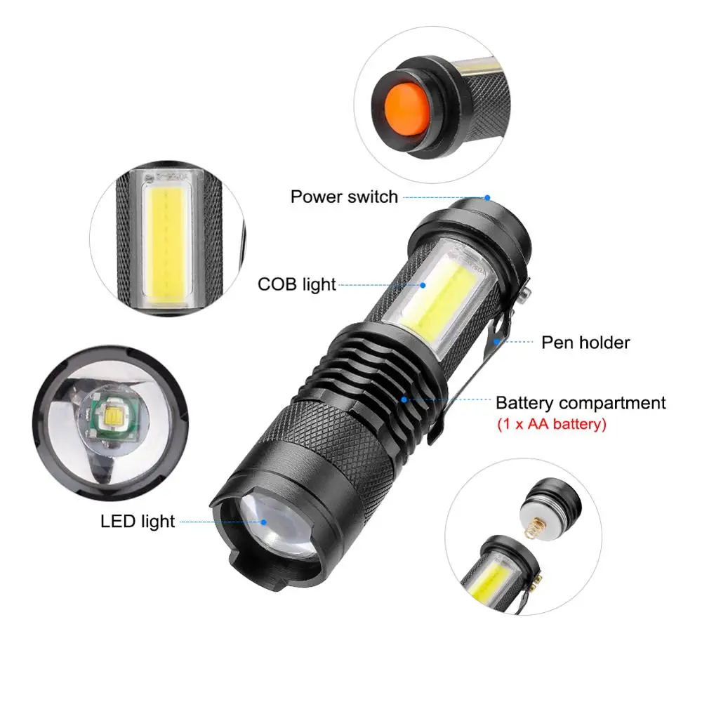 Портативный 3800LM XML Q5 + COB светодиодный фонарик мини ZOOM torchflashlight использование AA 14500