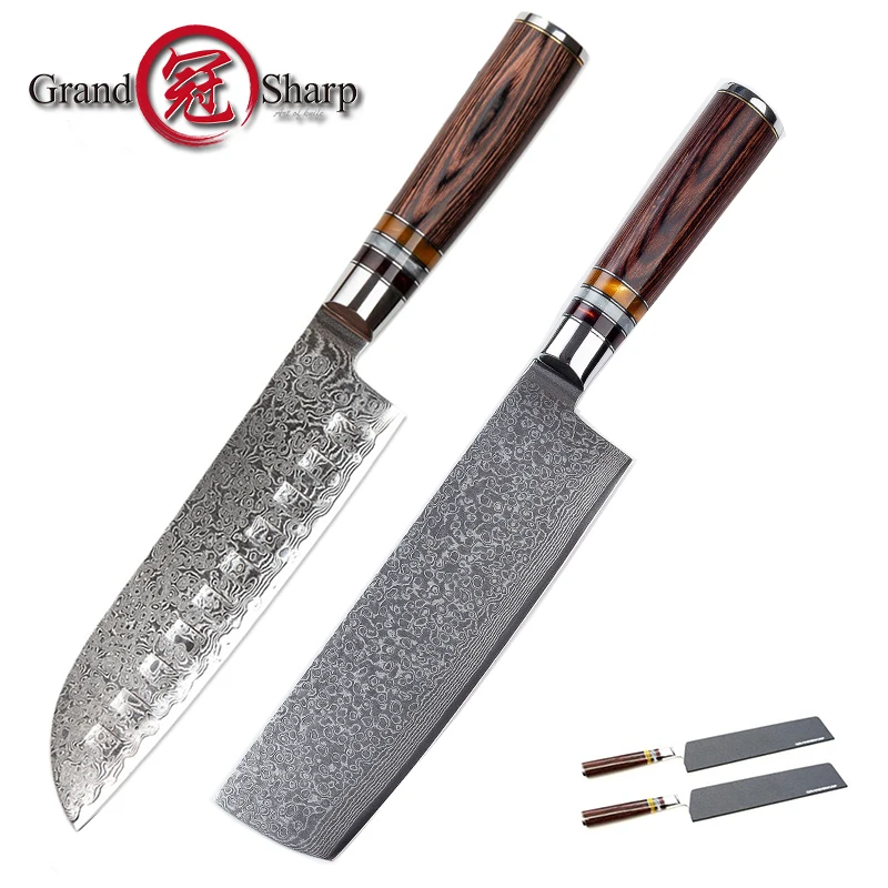 Grandsharp 2 шт Дамасские кухонные ножи набор 7 дюймов шеф повара Дамаск японская сталь