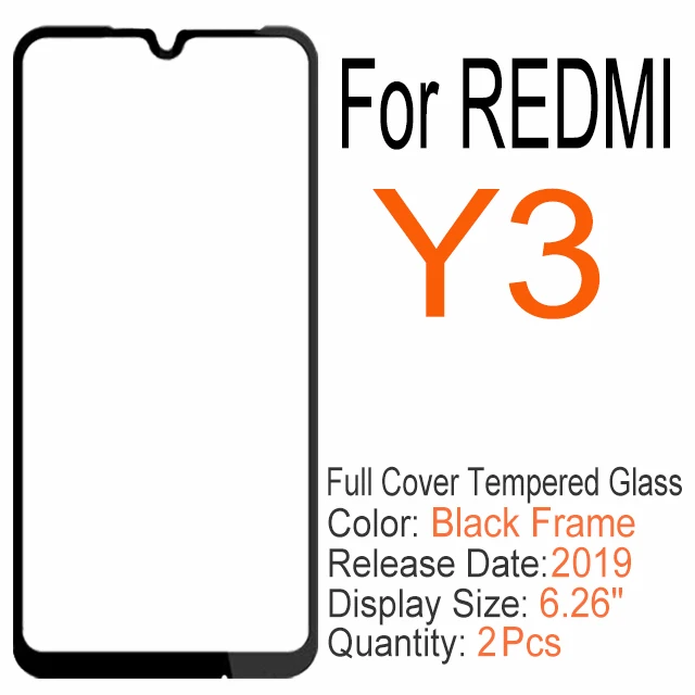 RedMi Y3 Black 2 шт полное покрытие из закаленного стекла для Xiaomi redmi 6 6A 7 7A K20 Note 6 7 Pro, Защитное стекло для экрана для redmi S2 GO Y3 - Цвет: RedMi Y3 Black