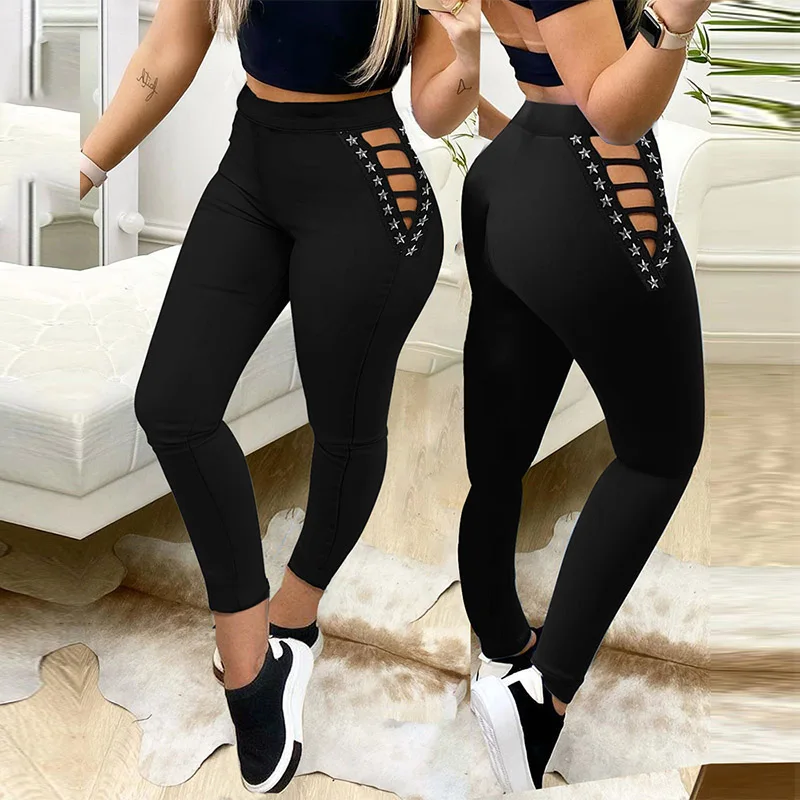 

Sexy Hollow Out Women Skinny Pants 2021 Spring Fashion High Waist Pencil Pant Autumn Lady Sports Slim Casual Trousers Streetwear