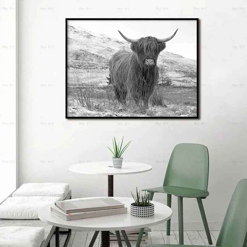 Картина на холсте современная картина искусство стену Highland Cow черный белый