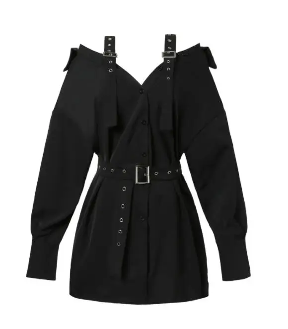 Черное сексуальное мини-платье в стиле панк на бретелях осеннее платье-рубашка с