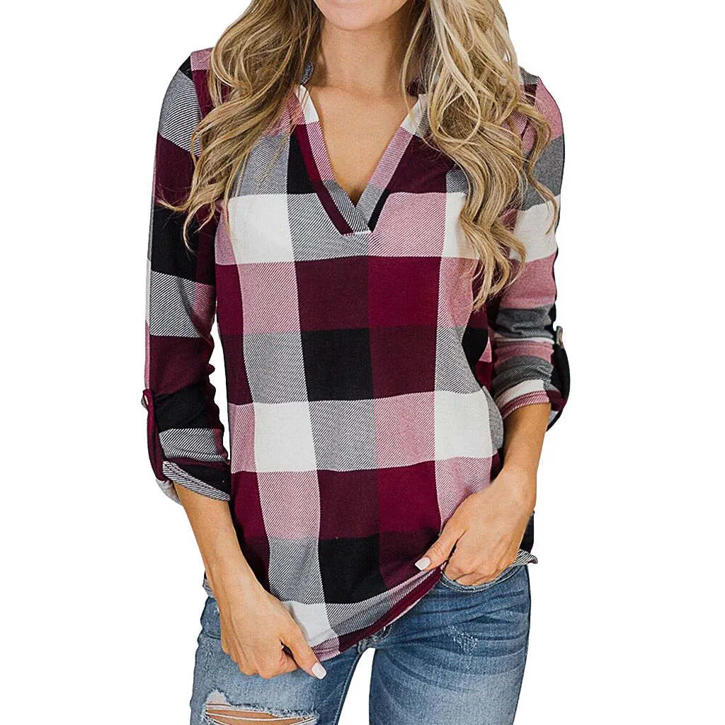 Женские блузки Простые Модные женские топы с v образным вырезом длинными