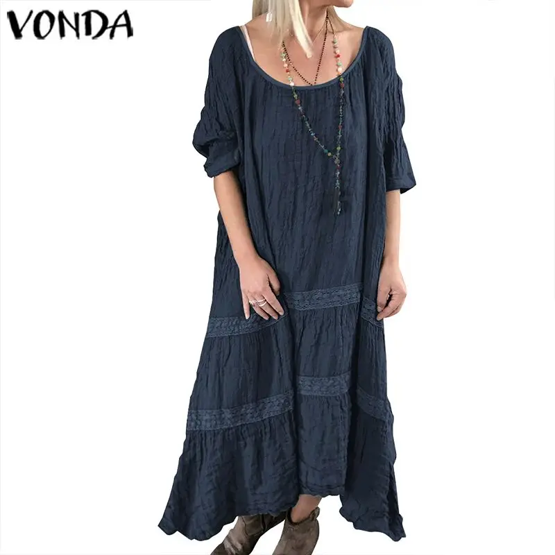 VONDA женское платье с коротким рукавом и круглым вырезом, однотонная хлопковая рубашка, свободное платье с оборками, длинное платье макси, большие размеры, вечерние платья - Цвет: Тёмно-синий