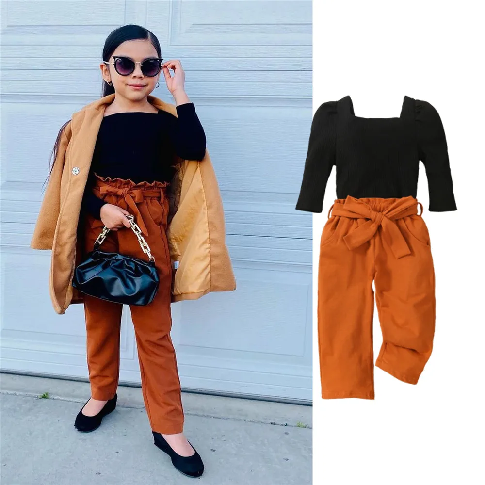 

Комплект одежды для маленьких девочек, черный вязаный пуловер, топ, оранжевые брюки, ранние детские брюки, Детский Повседневный хлопковый н...