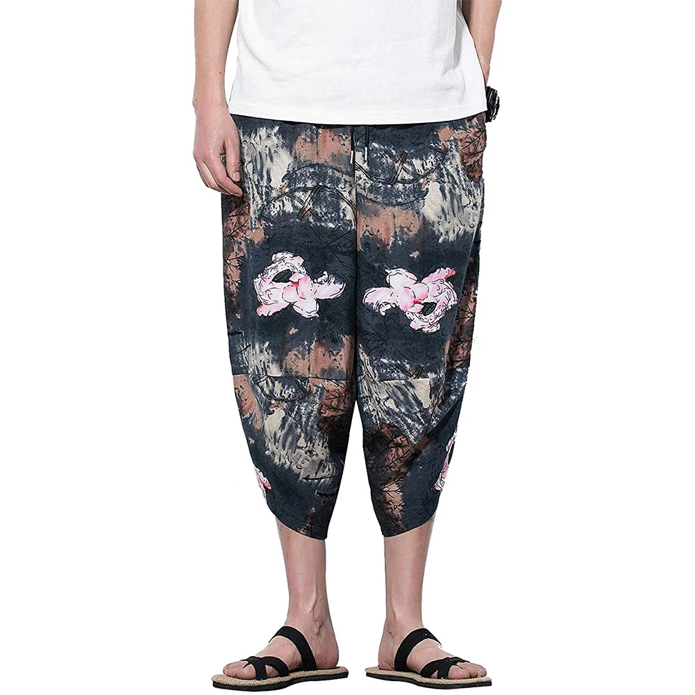 

New Men Harem Pants Capri Cropped Wide Leg Casual Summer Linen Trousers Lotus Print Personality Pants Cotton Linen Breathable
