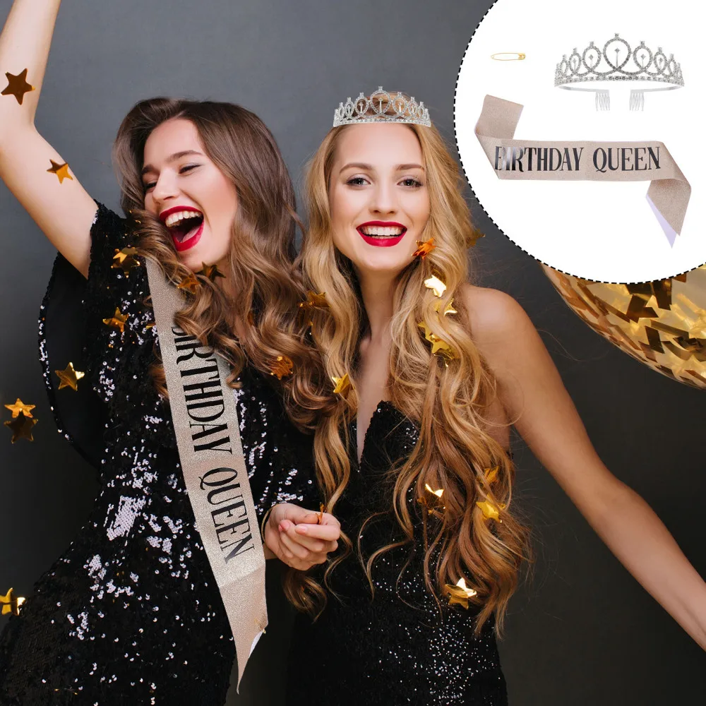 

1 Set Girl Birthday Supplies Crown Hair Band Letter Printed Etiquette Belt