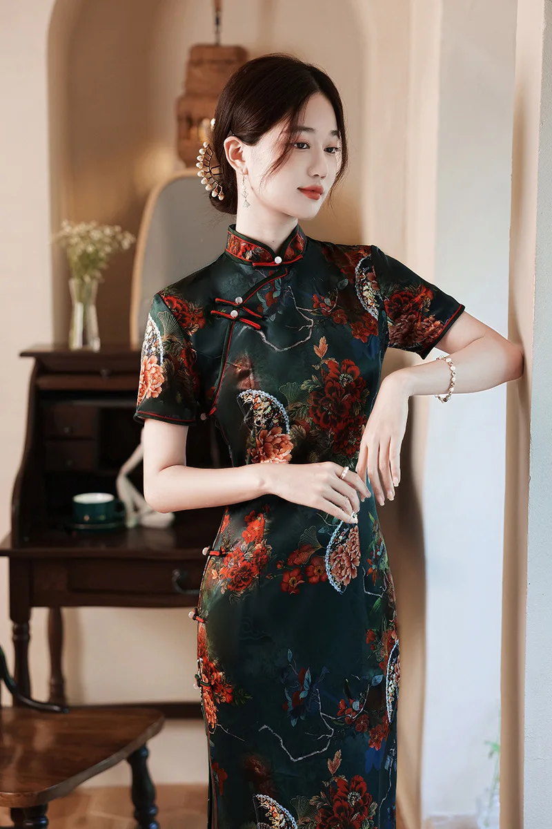 

Традиционный китайский высококачественный цветочный принт Qipao женский с коротким рукавом Новинка Длинная тонкая высота