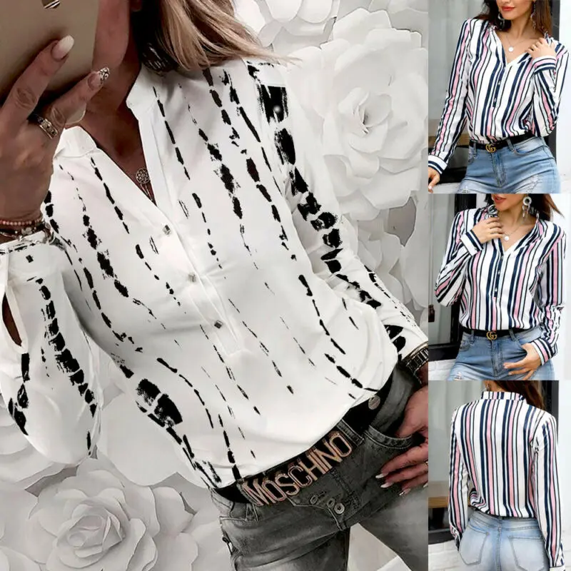 

Fashion Women Long Sleeve Casual V Neck Tops Ladies Loose Button Striped Blouse