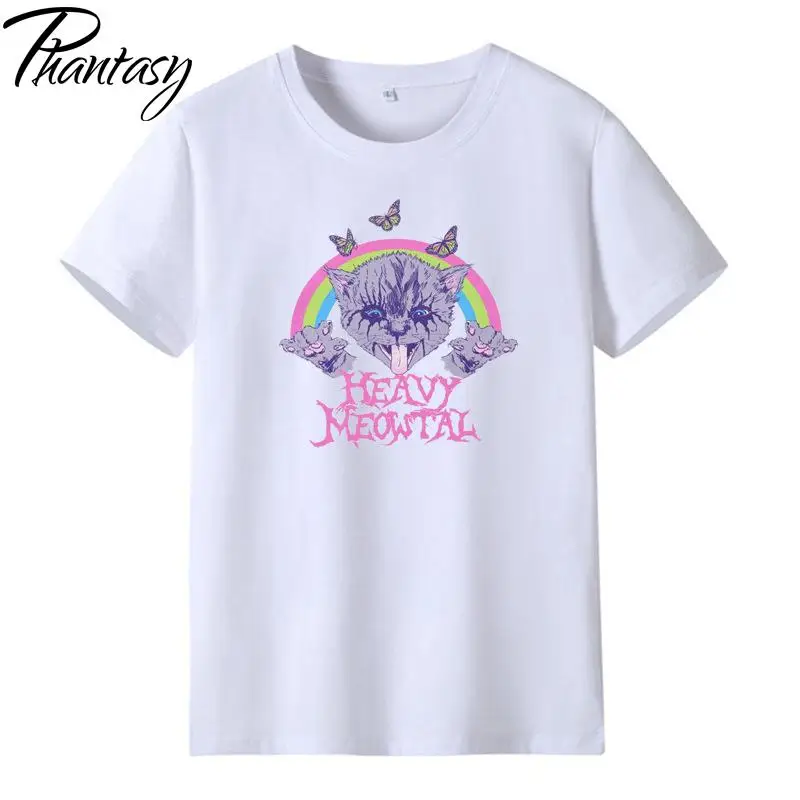 

Phantasy Cartoon Cat Print Short-Sleeved T-Shirts 2021 Summer New Women's Top Casual O-Neck Fashion Female Straight Tees Tops