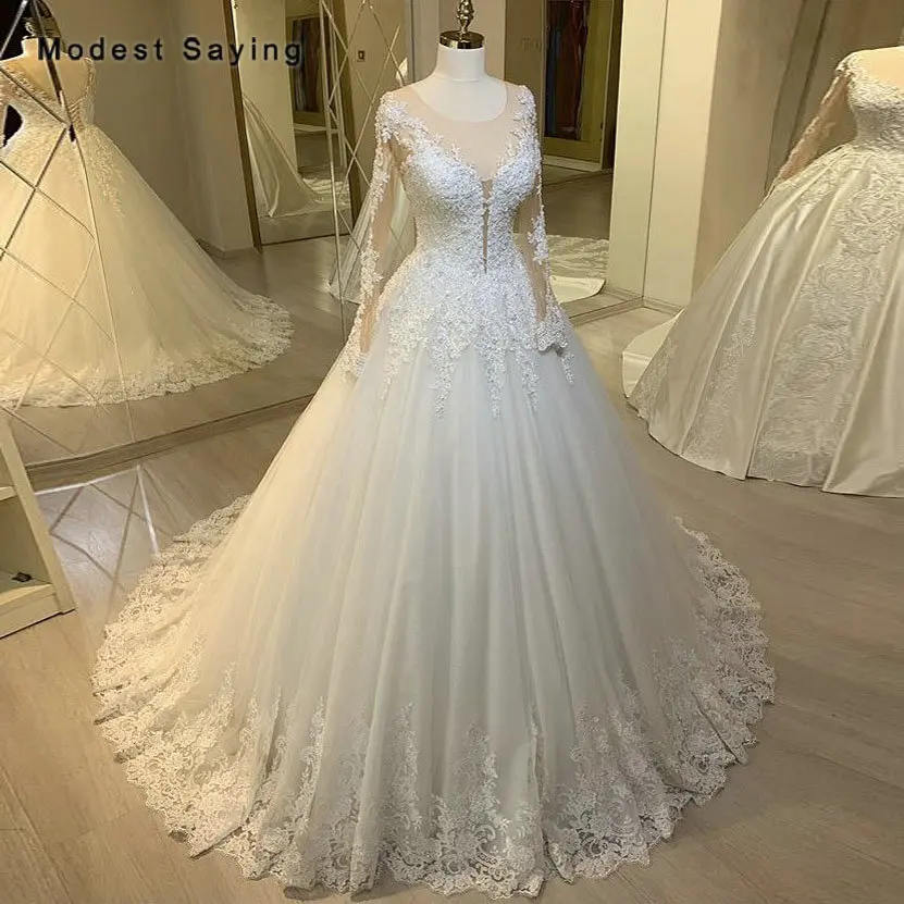 

Elegant Ivory Ball Gown Illusion Neck Pearls Lace Wedding Dress 2019 Formal Women Long Sleeves Bridal Gowns vestidos de noiva