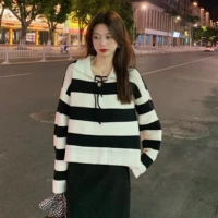 winter 2021 new striped sweater women retro polo neck sweater design lazy style top plaid sweater jacketjersey mujer