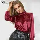 Модная атласная блузка Celmia 2021, женские элегантные офисные топы, однотонная шелковая рубашка с высоким воротником, праздвечерние чные блузки с рукавами-фонариками