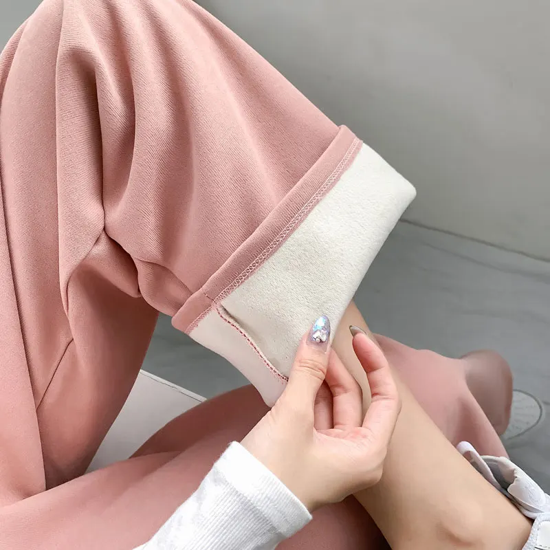 

Warm Thicken Velvet Wide Leg Pants Women Solid Trousers Casual Sports Winter Bottoms Korean Loose High Waist Fleece Streetwear
