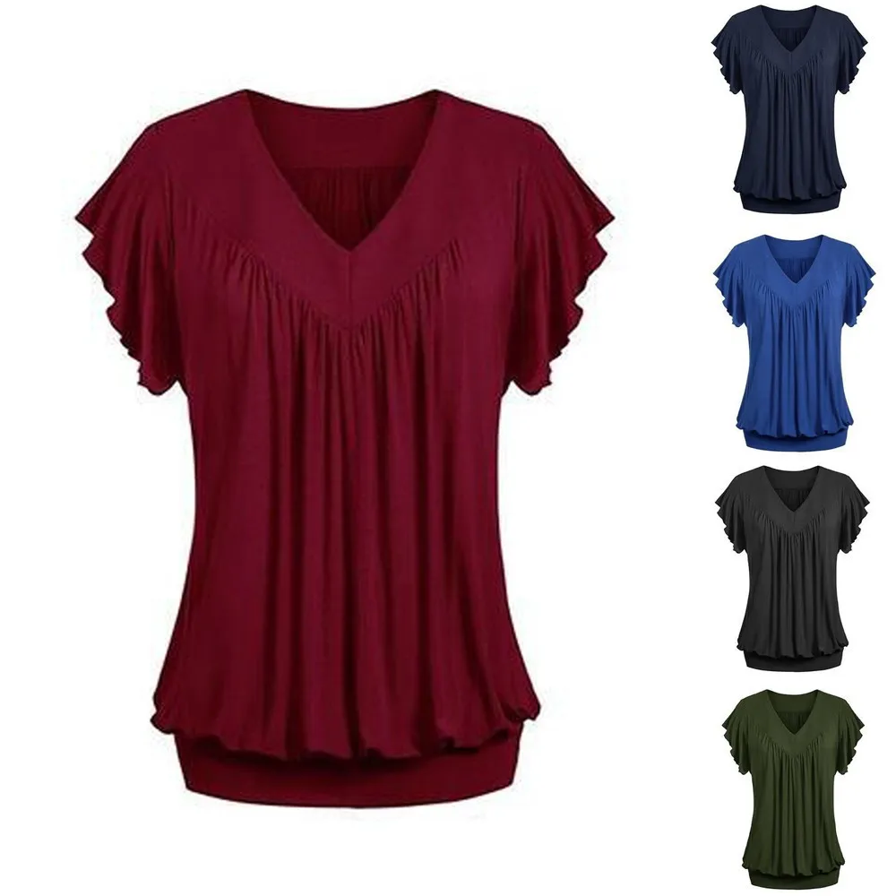 

Women Plus Size Loose V Neck Short Sleeve Solid Color Top Pleated Blouse T-shirt