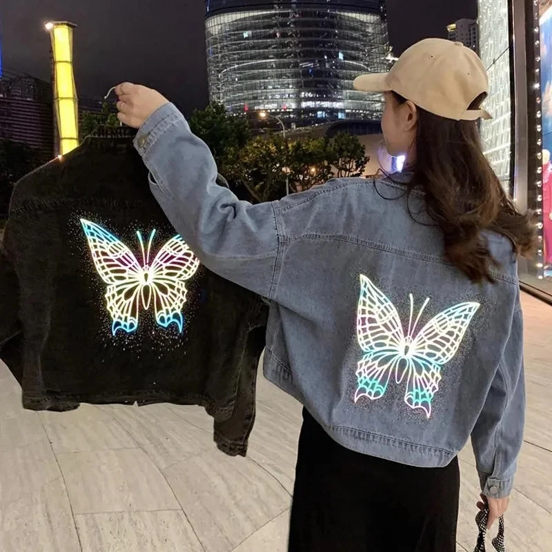 

Butterfly Printing Reflective Loose Short Denim Jacket Women Streetwear Vintage Long Sleeve Jean Coat Spring Boyfriend Outerwear