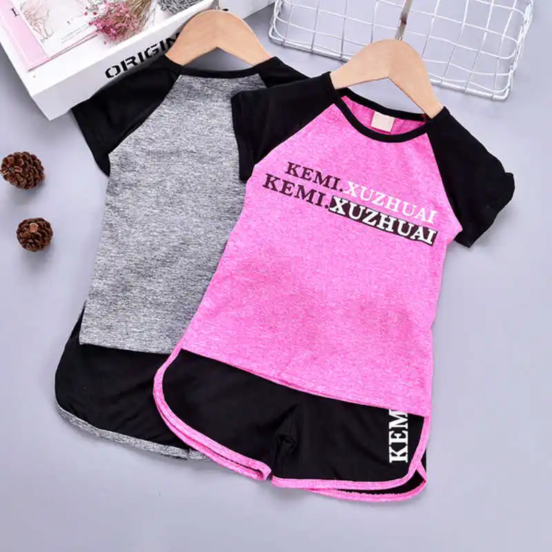 

Комплект детской одежды для девочек 2021 дюйма, женский спортивный костюм, одежда с коротким рукавом для маленьких девочек