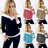 spot trend 2020 new europe united states explosions ladies loose long sleeve v collar shoulder color matching t shirt