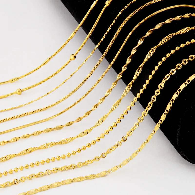 

HOYON Genuine 24k Yellow Gold Color Necklace gipura For Women/men jewelry Water Wave Chain Snake Bone/Round Bead/O Chain 45cm