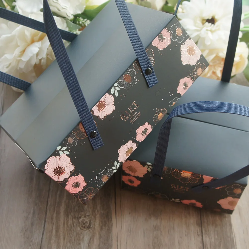 

2 Size 5pcs Pink Flower dark blue Style Paper Box with Handle Roll Cake Candy Cookie Gift Packaging Wedding Use