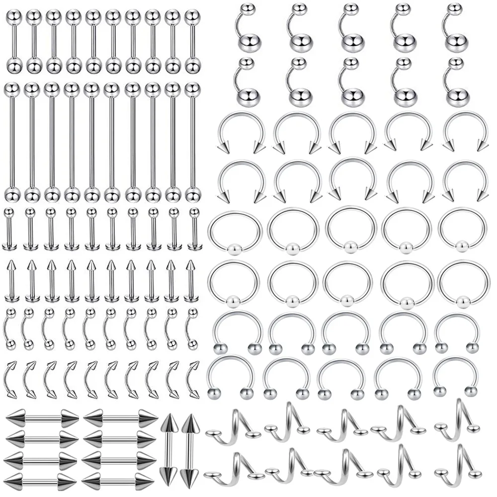 120PCS Surgical Steel Body Piercing Jewelry Lot Bulk Nose Ring Tongue Bar Lot Eyebrow Labret Piercing Set Horseshoe Ring Lot