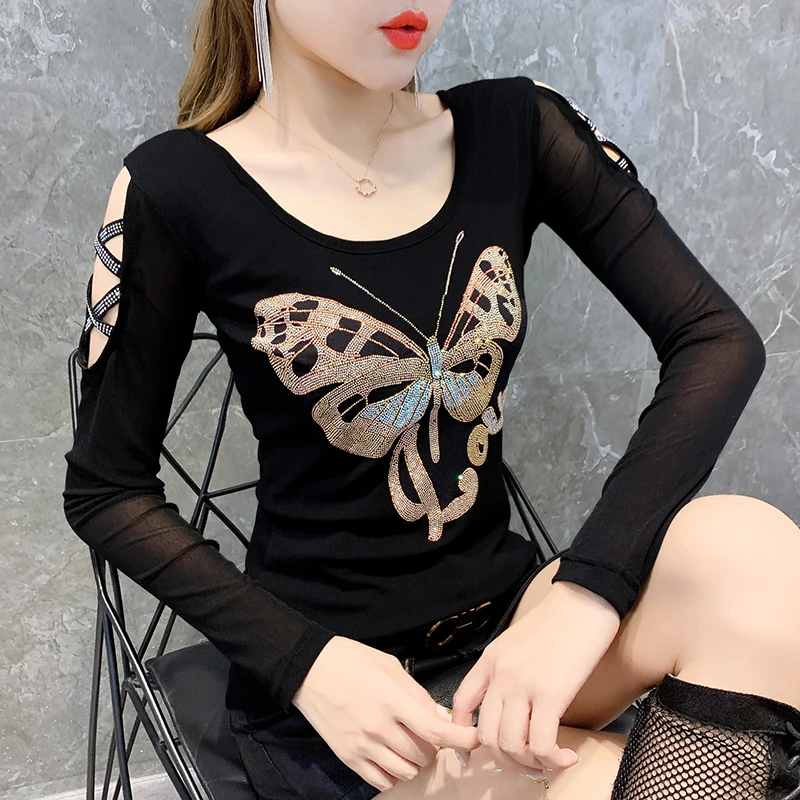 

Plus Size Diamond T-shirts For Women Sexy Spring Shoulder Off Drilling T-shirt Clothes Female Club Tops Backless Streetwear T066