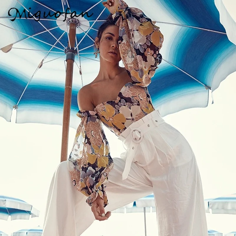 Miguofan блузка с открытыми плечами рубашки цветочный принт фонарь длинный рукав