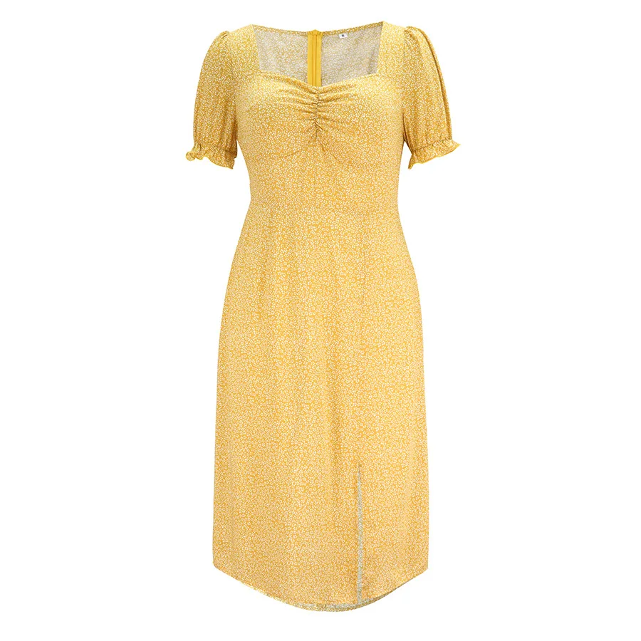 

2021 Summer New Women's Clothing Slim Fit Slit Vacation Style Floral Square Collar Dress