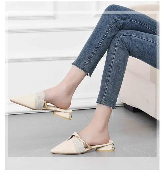 

Baotou half slippers women's outer wear 2021 spring and summer new fashion flat-bottomed wild color matching thick heel pointed