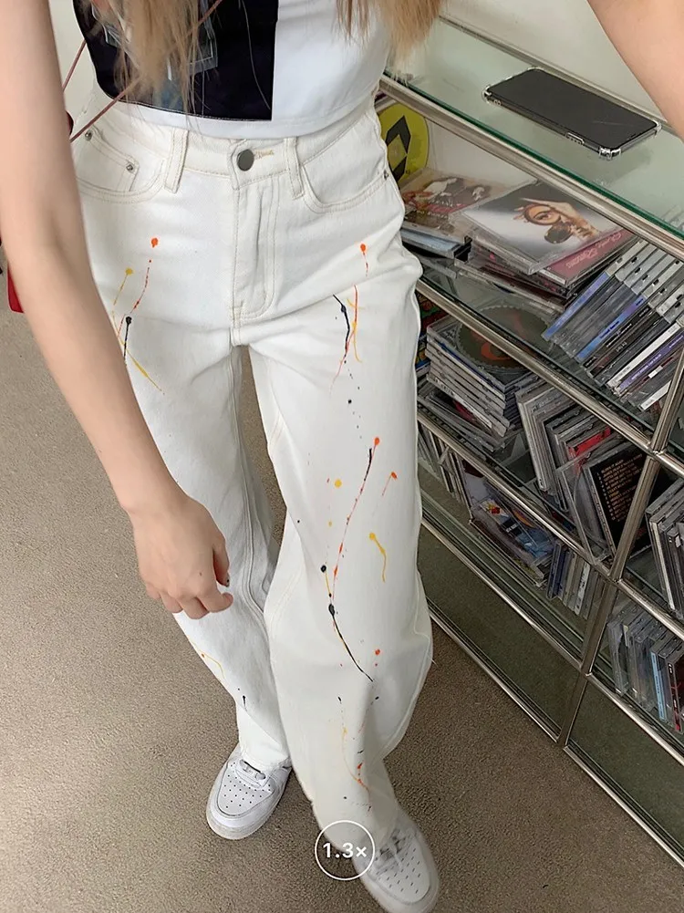 

YTX1021 2021 new high street ins trendy pants splash ink design loose straight jeans