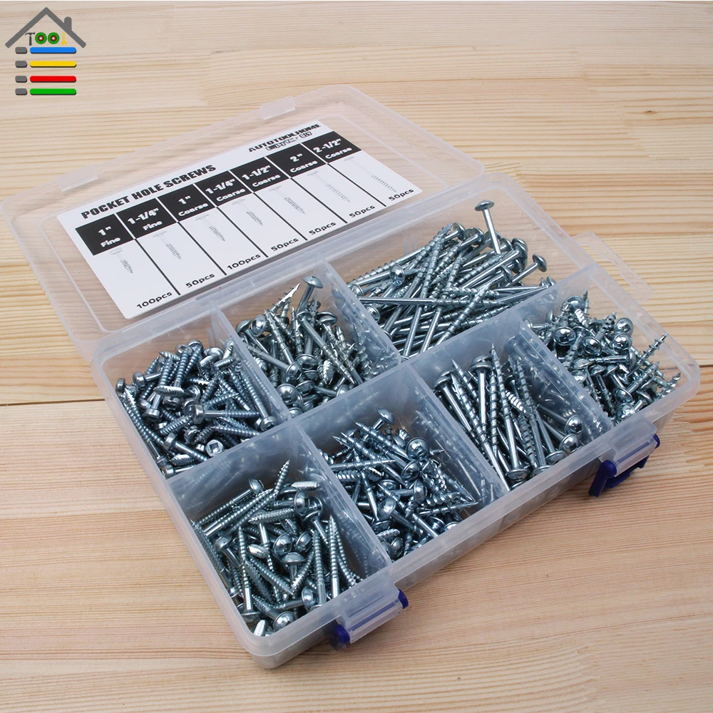 

450pc Pocket-Hole Screw Kit 7 Sizes Fine Coarse Thread Wood Screws 1/4" 1/2" 1-1/4" 1-1/2" 2" 2-1/2" Woodworking Pocket Hole Jig