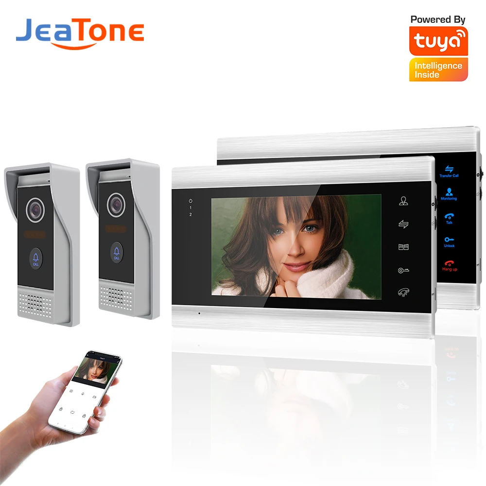 

Видеодомофон Jeatone для квартиры, Wi-Fi, 2 Дверных звонка на 2 монитора, дверной звонок Tuya, домофон на 2 двери, AHD 720P