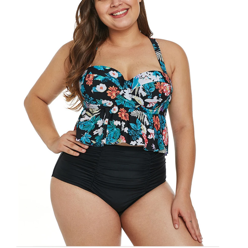 Размера плюс для женщин с цветочным принтом купальные костюмы модные топы + штаны