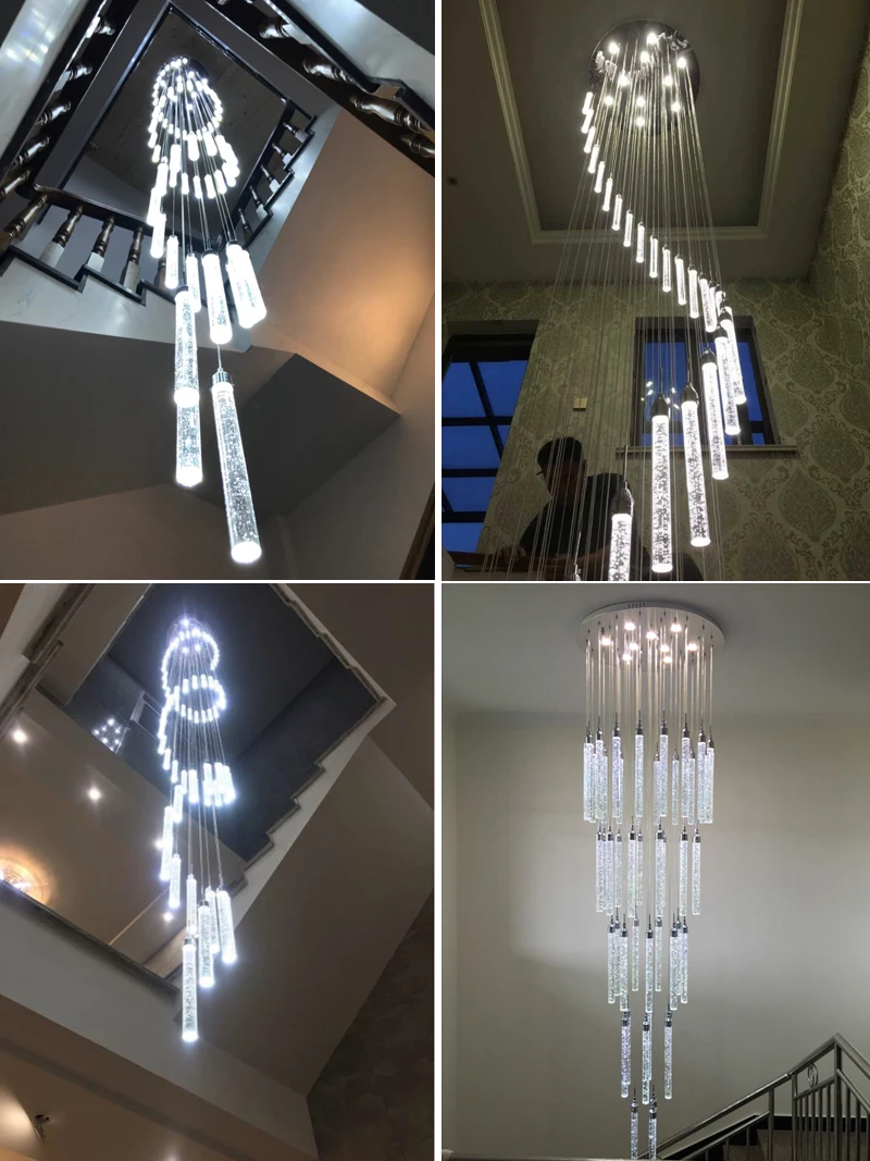 安い のための高天井ヴィラ玄関階段スパイラルロングランプクリスタルの階段シャンデリアハンギングライト 階段のシャンデリア 室内照明 現代のサスペンションランプ ダイニングルーム用シャ...