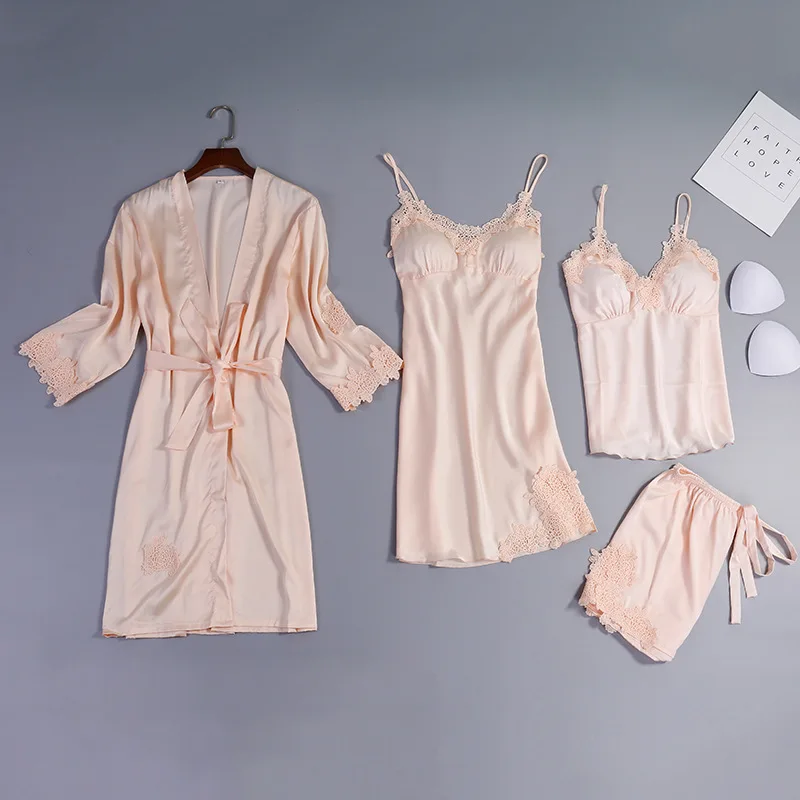 

2020 Spring And Summer Four-piece Summer Women Pajamas Sexy Sling Nightgown With Chest Pad Ladies Home Wear Women Nightgown