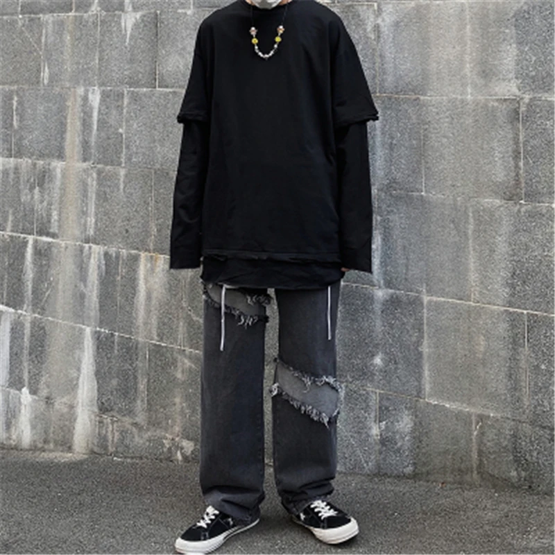 

Oversize Hip Hop Men Cotton Tshirt Tops Tees Long Sleeve Striped Hole High Street Vintage Pake Two T-Shirts Camisetas Hombre