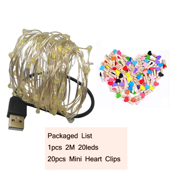 2m 20leds 2 м/5 м/10 м зажим для фото USB светодиодный светильник-гирлянда s Сказочный светильник s светильник-гирлянда на батарейках рождественские украшения вечерние, свадебные, рождественские - Испускаемый цвет: 2m 20leds