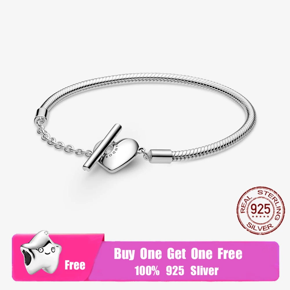 

NEW S925 Sterling Silver Base Moments Heart T-Bar Snake Chain Bracelets Fit Original Charms For Women Girl DIY Making Jewelry