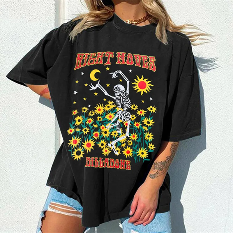 

Oversized Graphic Tee Women Summer Black Letter Print Skull T Shirt Vintage Streetwear O-neck Short Sleeve Fashion Casual Tshirt