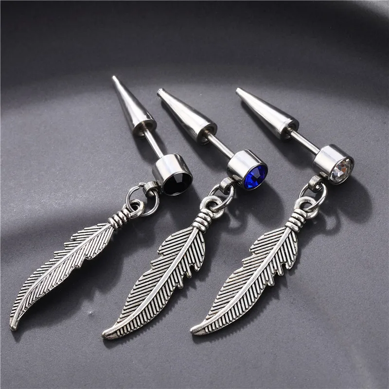 

Hot Fashion Punk Vintage Leaf Hoop Earrings for Women Men Party Jewelry Design Stainless Steel Feather Cross Butterfly Earring