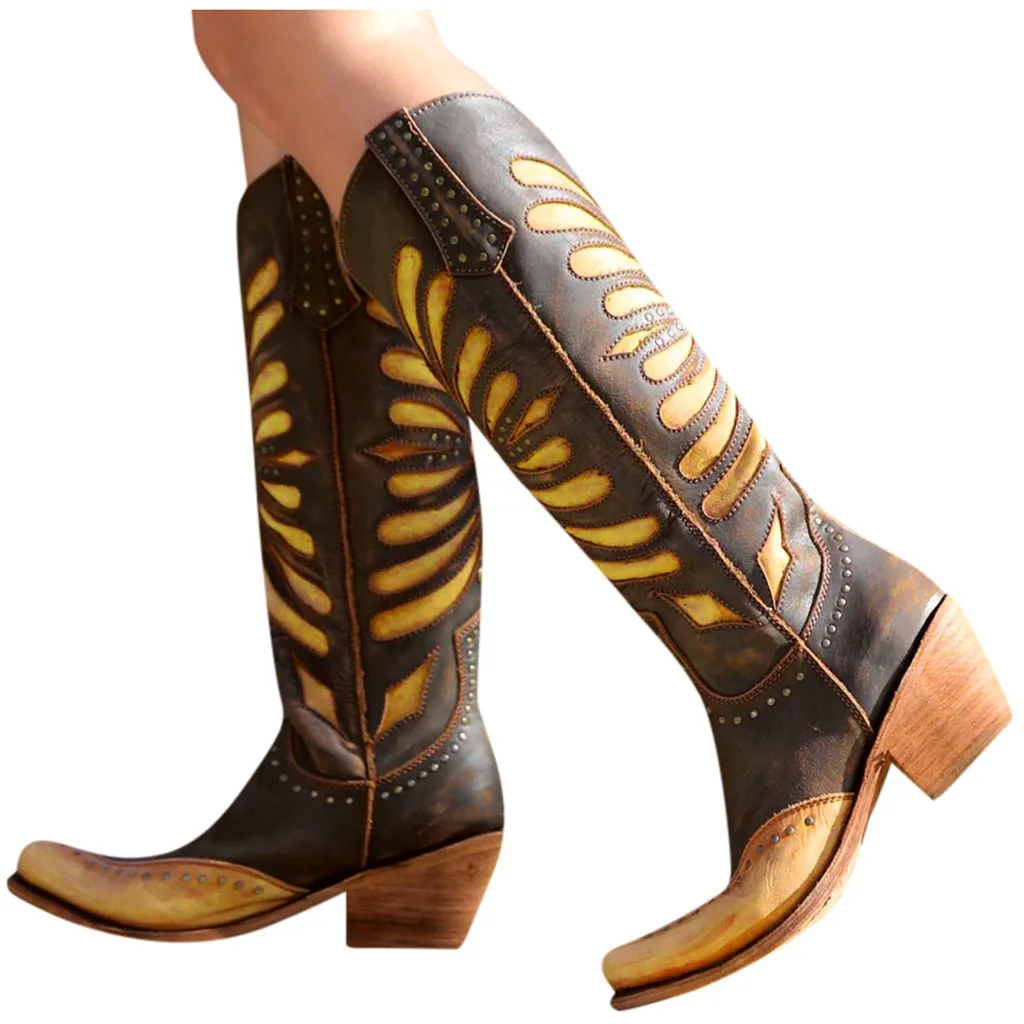 Women Vintage Booties Flats Square Head Low-heeled Western Rodeo Slip-On Boots Motorcycle Western Cowboy Boots Women Short Shoes