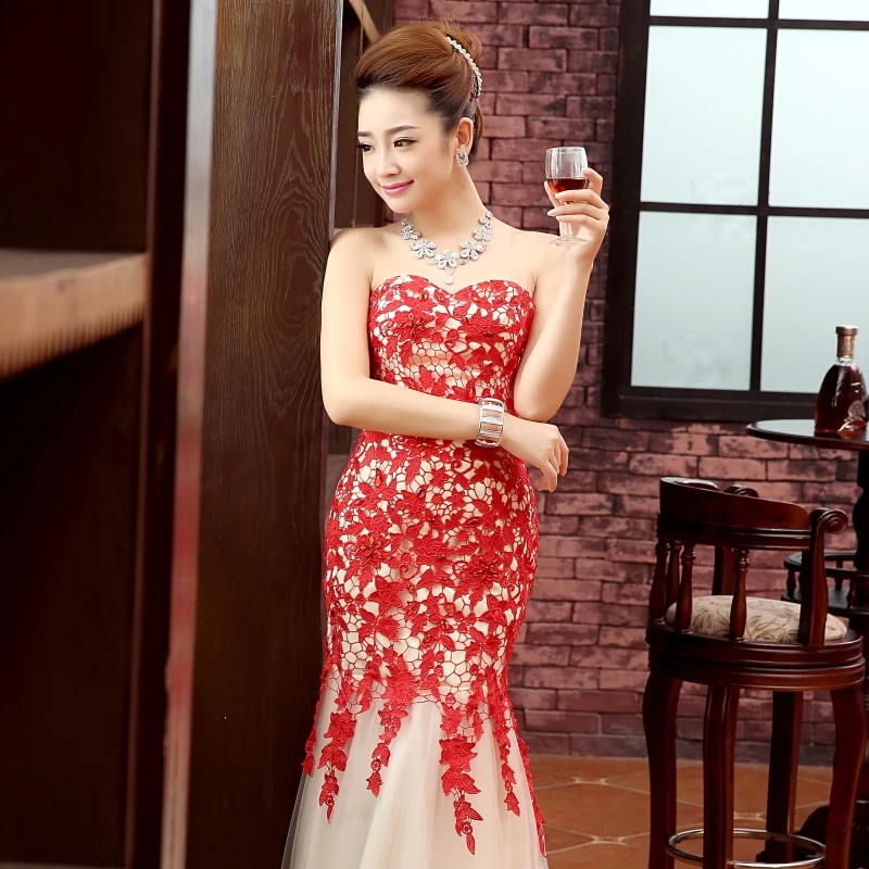 Женское вечернее платье-русалка Красное Длинное Облегающее кружевное платье с