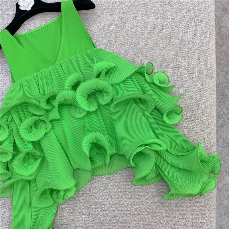 

2021 Spring and Summer Korean Style Blouse Sweet Princess Style Top Off Shoulder Stitching Pleated Chiffon Shirts