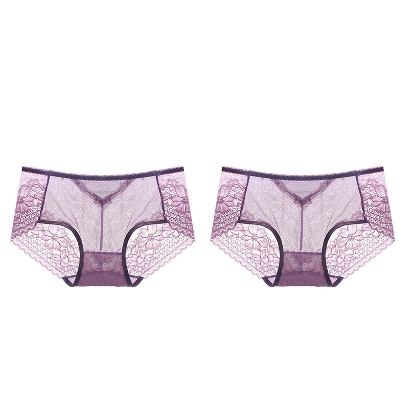 purple 2pcs Meizimei, сексуальные цветочные женские штаны, кружевное белье, Ультра тонкое, короткие, хлопковые, прозрачные, размера плюс, трусики, нижнее белье, 2 шт, M, L, XL Размер - Цвет: purple 2pcs
