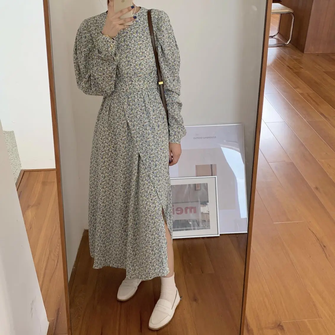 

Vintage Long Sleeve A-Line Dress Women Floral Print Elastic Waist Female Dress Spring Vestidos Femme 2021 Robe