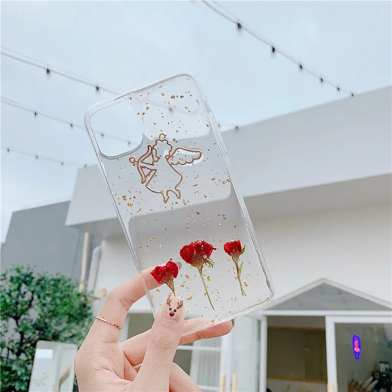 Luxury Glitter Gold Foil Angel Phone Case For iphone 11 Pro Max X XS XR 7 8 Plus Back Cover Fashion Dried Rose Cases Capa |