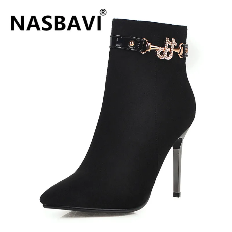 

NASBAVI Hot sales women shoes high heels Ankle boots fashion Rhinestone winter boots Nubuck Leather Solid Round Toe women boots